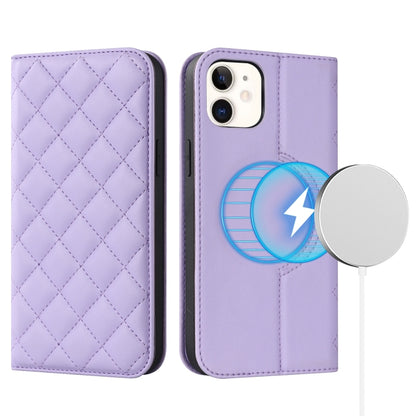 For iPhone 12 mini Rhombic MagSafe RFID Anti-Theft Wallet Leather Phone Case(Purple) by bashfashion