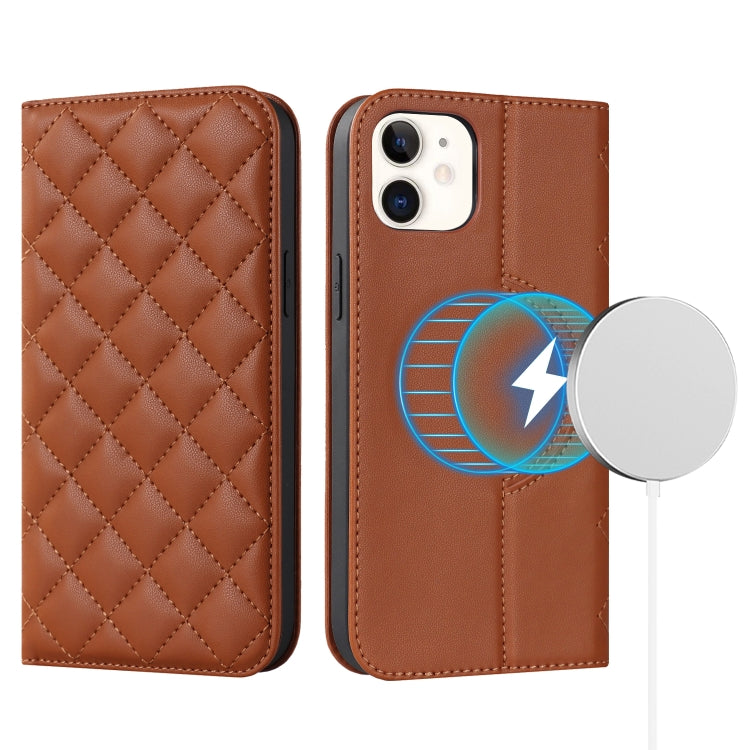 For iPhone 12 mini Rhombic MagSafe RFID Anti-Theft Wallet Leather Phone Case(Brown) by bashfashion
