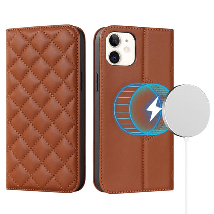 For iPhone 12 mini Rhombic MagSafe RFID Anti-Theft Wallet Leather Phone Case(Brown) by bashfashion
