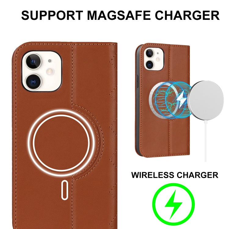 For iPhone 12 mini Rhombic MagSafe RFID Anti-Theft Wallet Leather Phone Case(Brown) by bashfashion