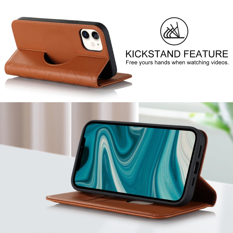 For iPhone 12 mini Rhombic MagSafe RFID Anti-Theft Wallet Leather Phone Case(Brown) by bashfashion