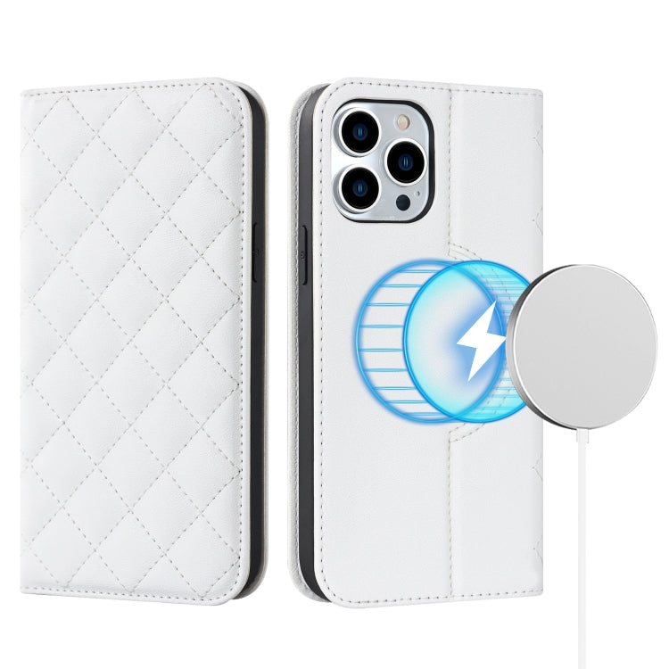 For iPhone 12 Pro Max Rhombic MagSafe RFID Anti-Theft Wallet Leather Phone Case(White) by bashfashion
