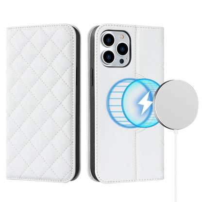For iPhone 12 Pro Max Rhombic MagSafe RFID Anti-Theft Wallet Leather Phone Case(White) by bashfashion