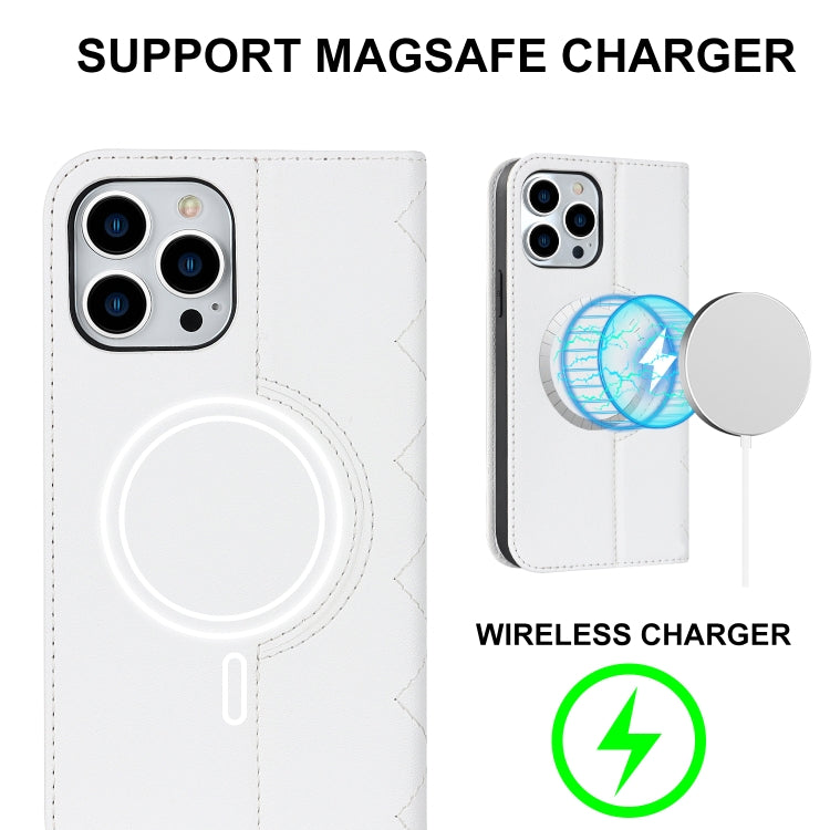 For iPhone 12 Pro Max Rhombic MagSafe RFID Anti-Theft Wallet Leather Phone Case(White) by bashfashion