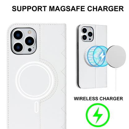 For iPhone 12 Pro Max Rhombic MagSafe RFID Anti-Theft Wallet Leather Phone Case(White) by bashfashion