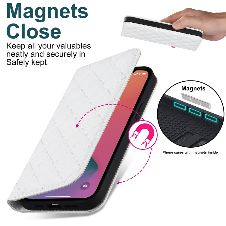 For iPhone 12 Pro Max Rhombic MagSafe RFID Anti-Theft Wallet Leather Phone Case(White) by bashfashion