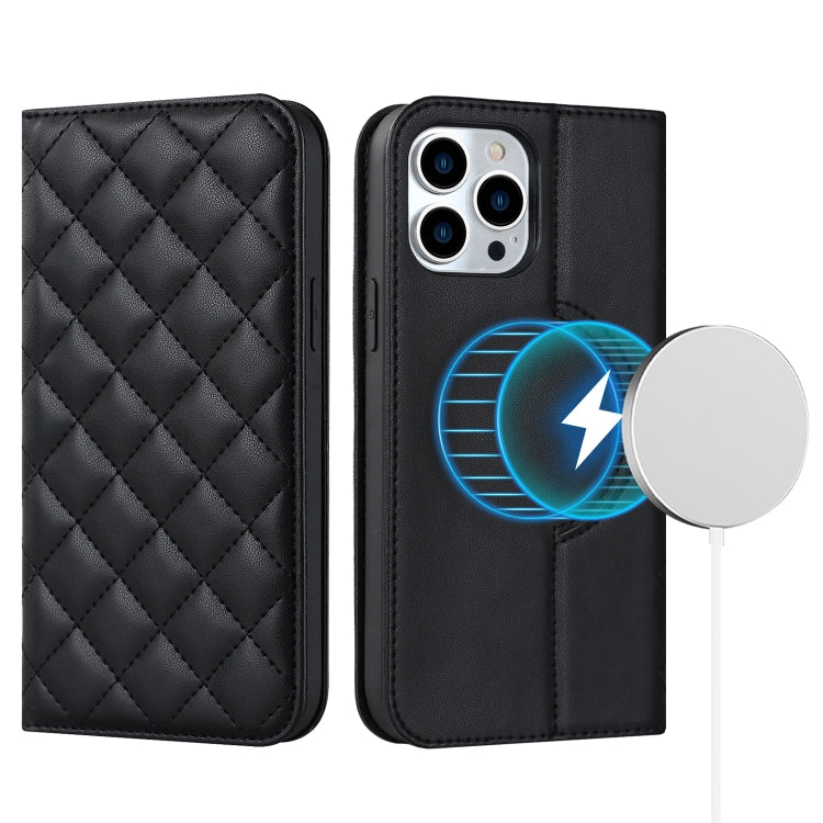 For iPhone 12 Pro Max Rhombic MagSafe RFID Anti-Theft Wallet Leather Phone Case(Black) by bashfashion