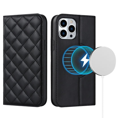 For iPhone 12 Pro Max Rhombic MagSafe RFID Anti-Theft Wallet Leather Phone Case(Black) by bashfashion