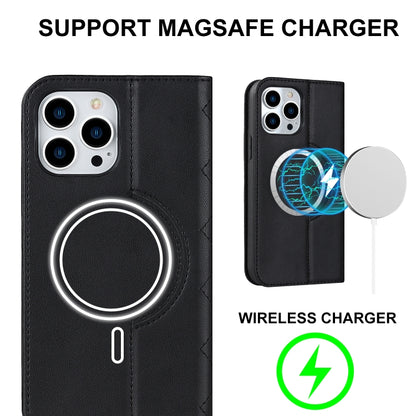 For iPhone 12 Pro Max Rhombic MagSafe RFID Anti-Theft Wallet Leather Phone Case(Black) by bashfashion