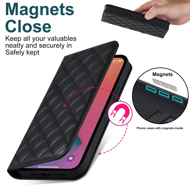 For iPhone 12 Pro Max Rhombic MagSafe RFID Anti-Theft Wallet Leather Phone Case(Black) by bashfashion