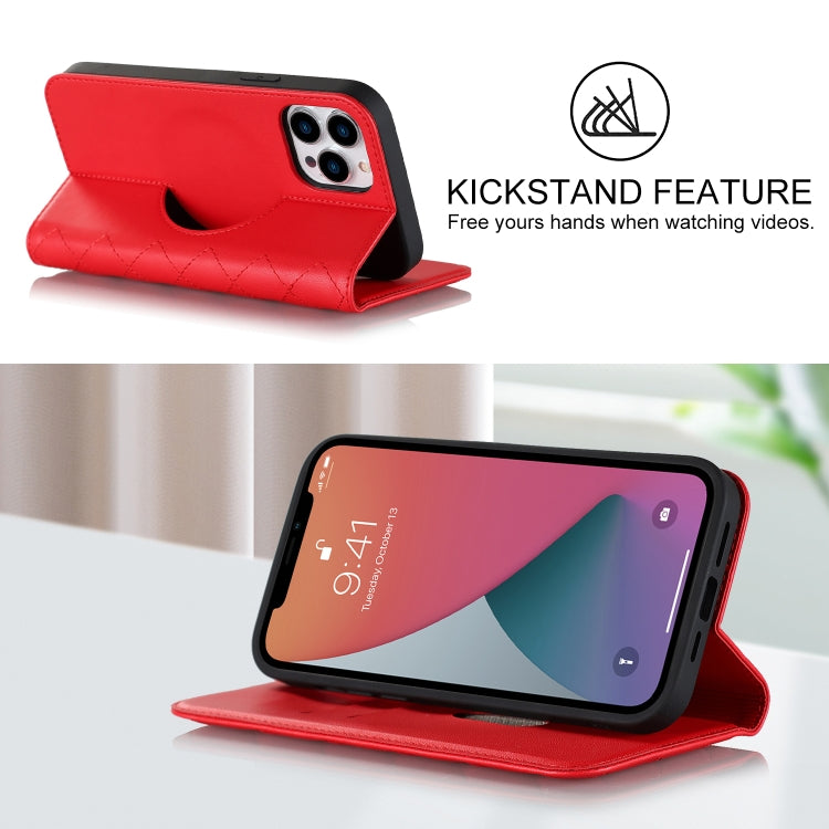 For iPhone 12 Pro Max Rhombic MagSafe RFID Anti-Theft Wallet Leather Phone Case(Red) by bashfashion