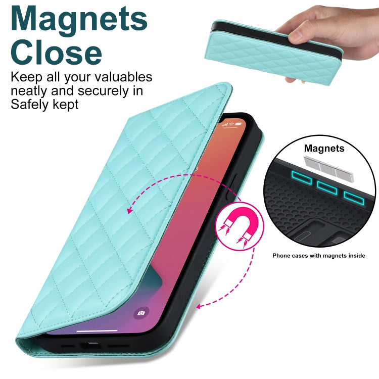 For iPhone 12 Pro Max Rhombic MagSafe RFID Anti-Theft Wallet Leather Phone Case(Sky Blue) by bashfashion