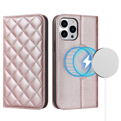 For iPhone 12 Pro Max Rhombic MagSafe RFID Anti-Theft Wallet Leather Phone Case(Rose Gold) by bashfashion