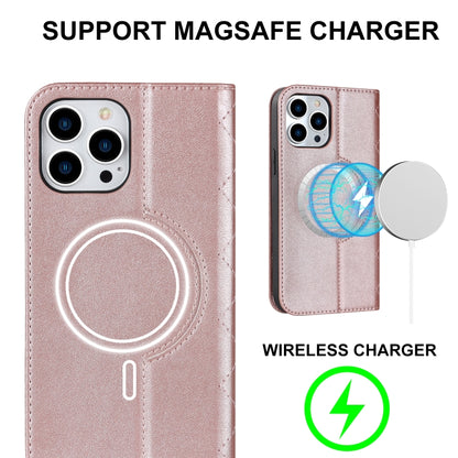 For iPhone 12 Pro Max Rhombic MagSafe RFID Anti-Theft Wallet Leather Phone Case(Rose Gold) by bashfashion