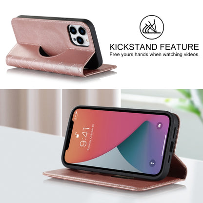 For iPhone 12 Pro Max Rhombic MagSafe RFID Anti-Theft Wallet Leather Phone Case(Rose Gold) by bashfashion