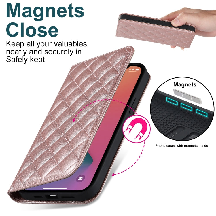 For iPhone 12 Pro Max Rhombic MagSafe RFID Anti-Theft Wallet Leather Phone Case(Rose Gold) by bashfashion