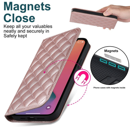 For iPhone 12 Pro Max Rhombic MagSafe RFID Anti-Theft Wallet Leather Phone Case(Rose Gold) by bashfashion