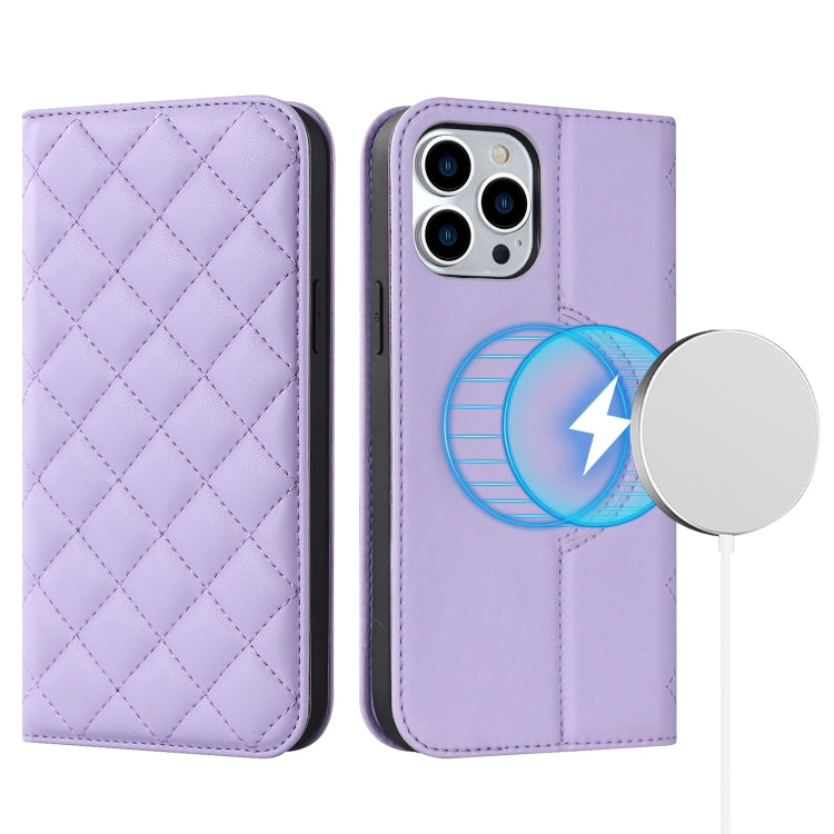 For iPhone 12 Pro Max Rhombic MagSafe RFID Anti-Theft Wallet Leather Phone Case(Purple) by bashfashion