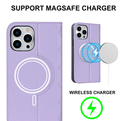 For iPhone 12 Pro Max Rhombic MagSafe RFID Anti-Theft Wallet Leather Phone Case(Purple) by bashfashion