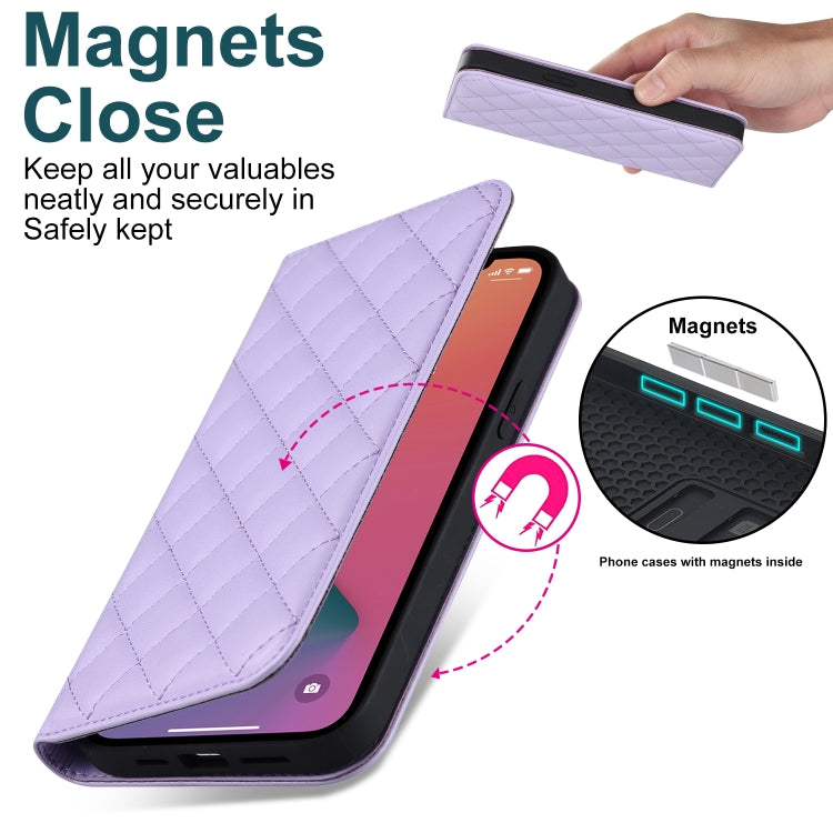For iPhone 12 Pro Max Rhombic MagSafe RFID Anti-Theft Wallet Leather Phone Case(Purple) by bashfashion