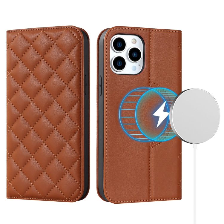For iPhone 12 Pro Max Rhombic MagSafe RFID Anti-Theft Wallet Leather Phone Case(Brown) by bashfashion