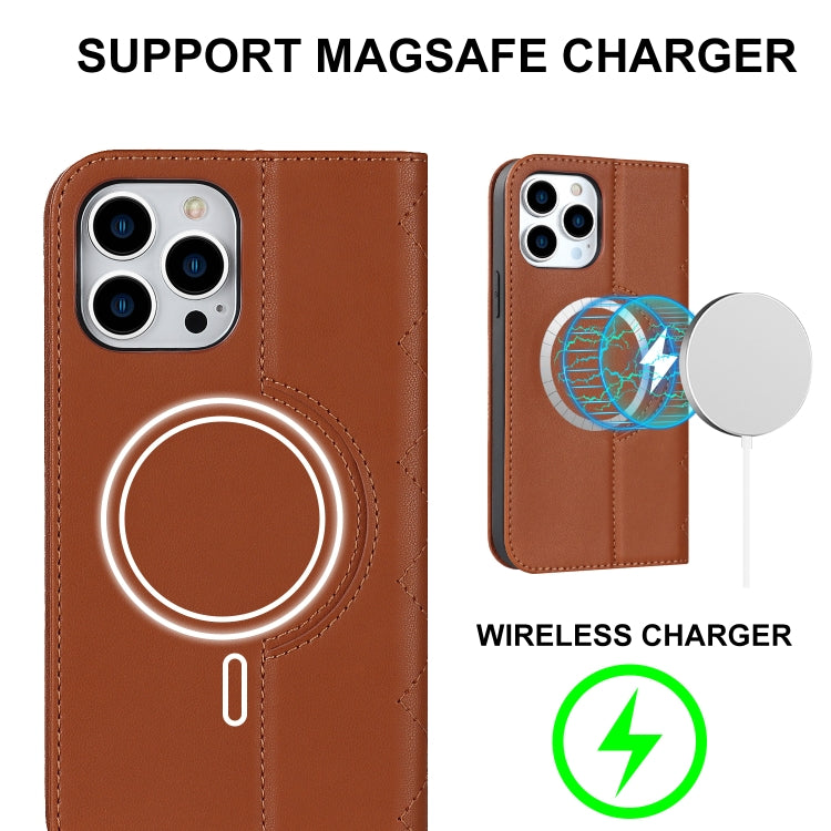 For iPhone 12 Pro Max Rhombic MagSafe RFID Anti-Theft Wallet Leather Phone Case(Brown) by bashfashion