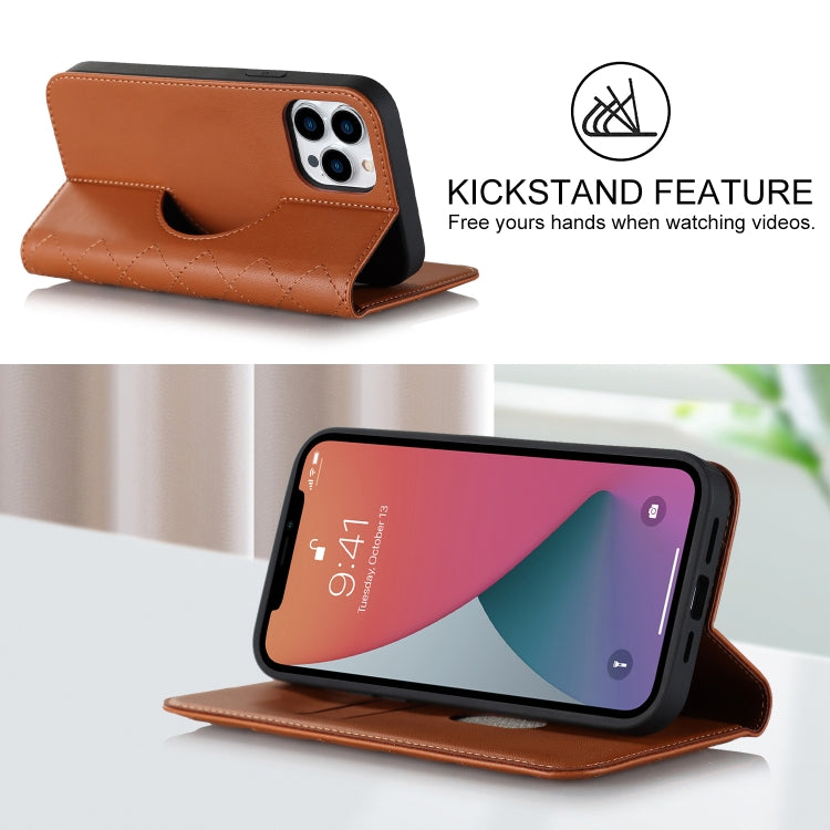 For iPhone 12 Pro Max Rhombic MagSafe RFID Anti-Theft Wallet Leather Phone Case(Brown) by bashfashion
