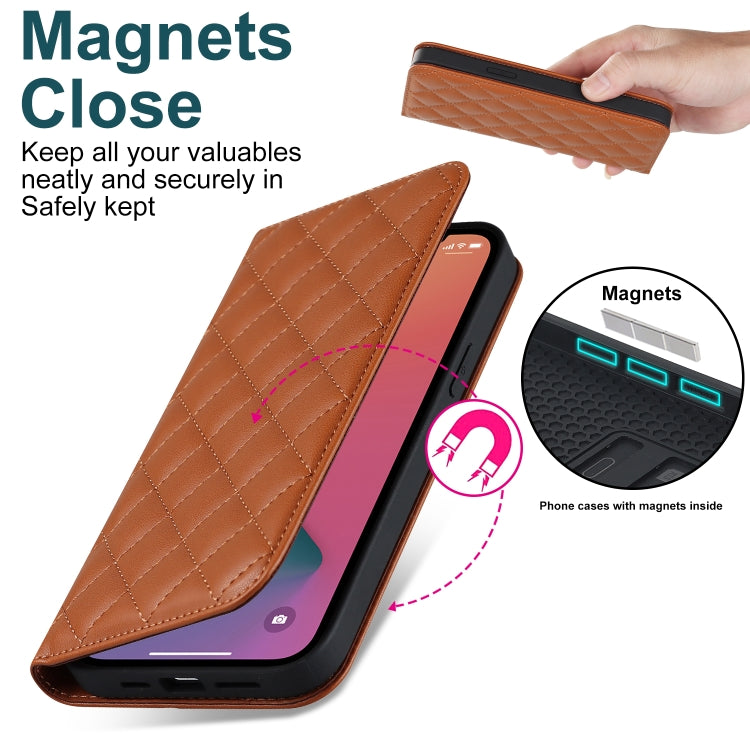 For iPhone 12 Pro Max Rhombic MagSafe RFID Anti-Theft Wallet Leather Phone Case(Brown) by bashfashion