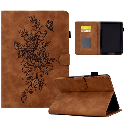 For Amazon Kindle 11th 2024 / 2022 Peony Butterfly Embossed Leather Smart Tablet Case(Brown) by bashfashion