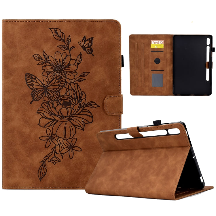 For Samsung Galaxy Tab S7 / S8 Peony Butterfly Embossed Leather Smart Tablet Case(Brown) by bashfashion