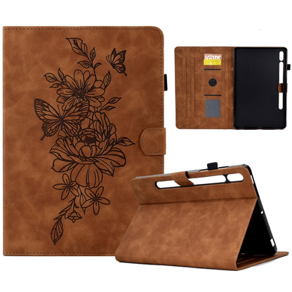 For Samsung Galaxy Tab S7 / S8 Peony Butterfly Embossed Leather Smart Tablet Case(Brown) by bashfashion