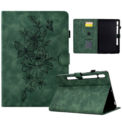 For Samsung Galaxy Tab S7 / S8 Peony Butterfly Embossed Leather Smart Tablet Case(Green) by bashfashion
