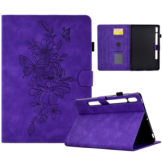 For Samsung Galaxy Tab S7 / S8 Peony Butterfly Embossed Leather Smart Tablet Case(Purple) by bashfashion