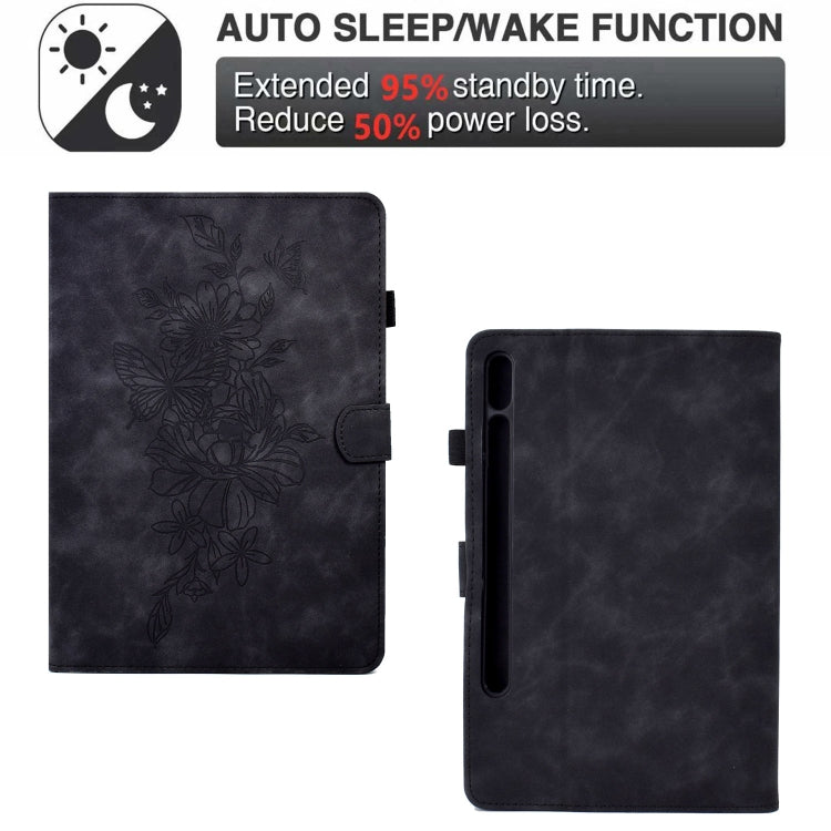 For Samsung Galaxy Tab S7 / S8 Peony Butterfly Embossed Leather Smart Tablet Case(Black) by bashfashion