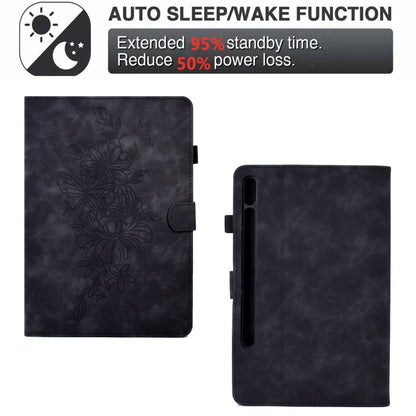 For Samsung Galaxy Tab S7 / S8 Peony Butterfly Embossed Leather Smart Tablet Case(Black) by bashfashion