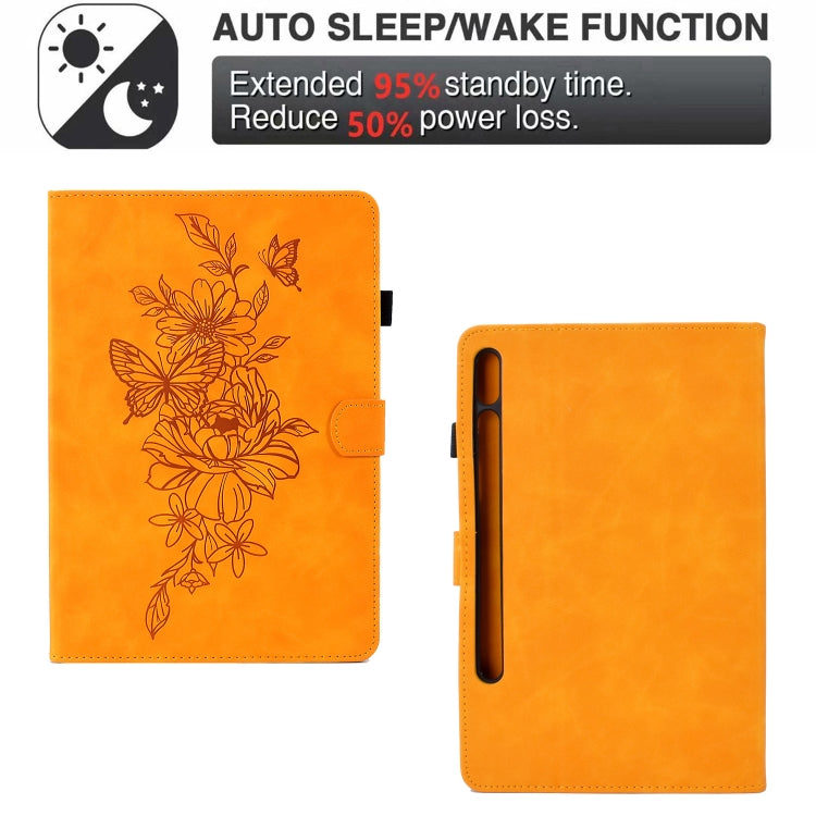For Samsung Galaxy Tab S7 / S8 Peony Butterfly Embossed Leather Smart Tablet Case(Khaki) by bashfashion