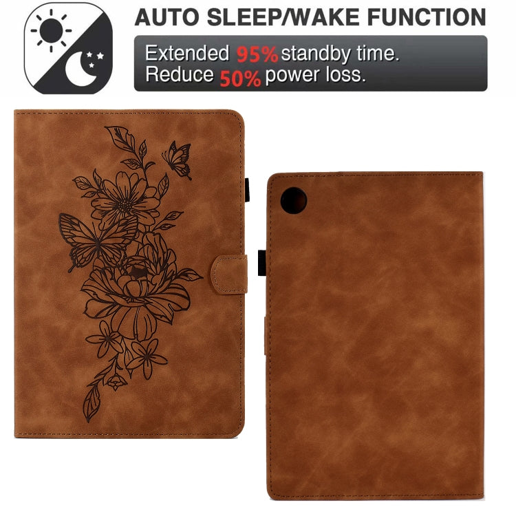 For Samsung Galaxy Tab A8 10.5 2021 X205 Peony Butterfly Embossed Leather Smart Tablet Case(Brown) by bashfashion