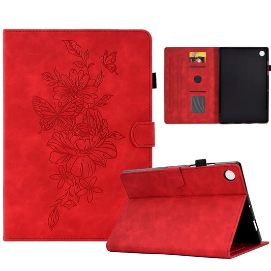 For Samsung Galaxy Tab A8 10.5 2021 X205 Peony Butterfly Embossed Leather Smart Tablet Case(Red) by bashfashion