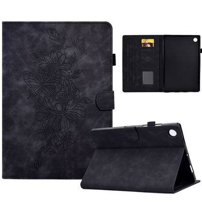 For Samsung Galaxy Tab A8 10.5 2021 X205 Peony Butterfly Embossed Leather Smart Tablet Case(Black) by bashfashion