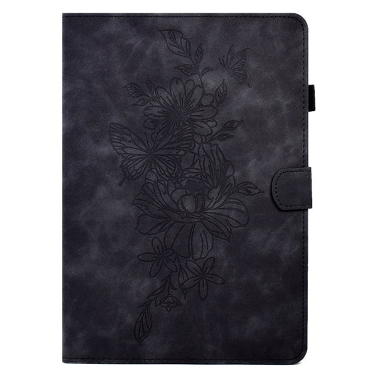For Samsung Galaxy Tab A8 10.5 2021 X205 Peony Butterfly Embossed Leather Smart Tablet Case(Black) by bashfashion