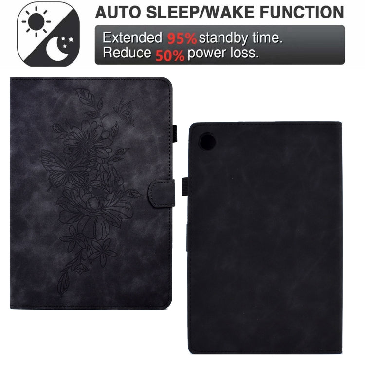 For Samsung Galaxy Tab A8 10.5 2021 X205 Peony Butterfly Embossed Leather Smart Tablet Case(Black) by bashfashion
