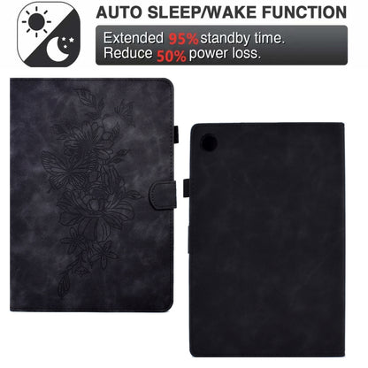 For Samsung Galaxy Tab A8 10.5 2021 X205 Peony Butterfly Embossed Leather Smart Tablet Case(Black) by bashfashion