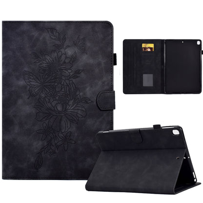 For Samsung Galaxy Tab S6 Lite P610 Peony Butterfly Embossed Leather Smart Tablet Case(Black) by bashfashion