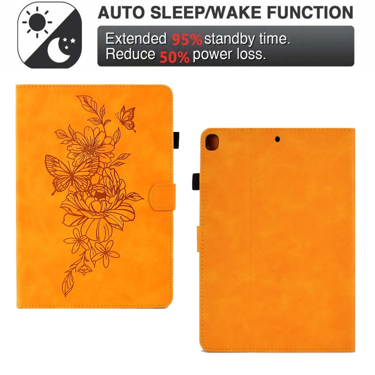 For Samsung Galaxy Tab S6 Lite P610 Peony Butterfly Embossed Leather Smart Tablet Case(Khaki) by bashfashion