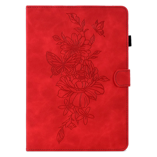 For Samsung Galaxy Tab A7 10.4 2020 T500 Peony Butterfly Embossed Leather Smart Tablet Case(Red) by bashfashion