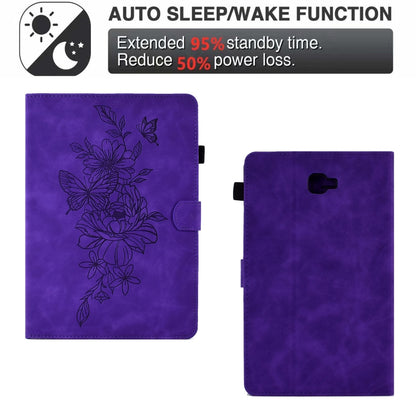 For Samsung Galaxy Tab A 10.1 2016 T580 Peony Butterfly Embossed Leather Smart Tablet Case(Purple) by bashfashion
