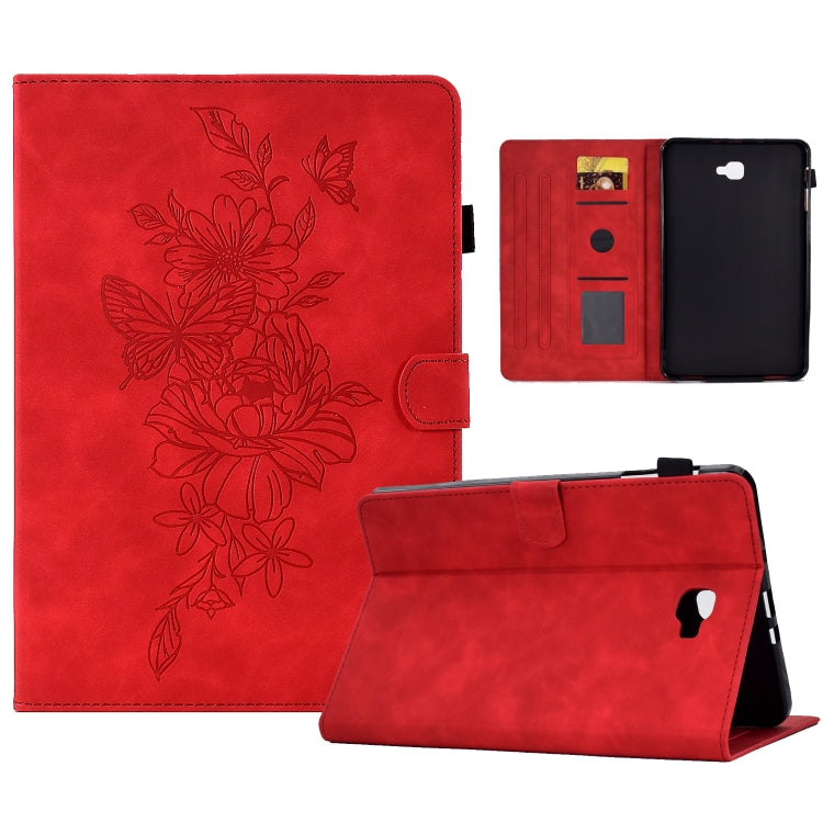 For Samsung Galaxy Tab A 10.1 2016 T580 Peony Butterfly Embossed Leather Smart Tablet Case(Red) by bashfashion