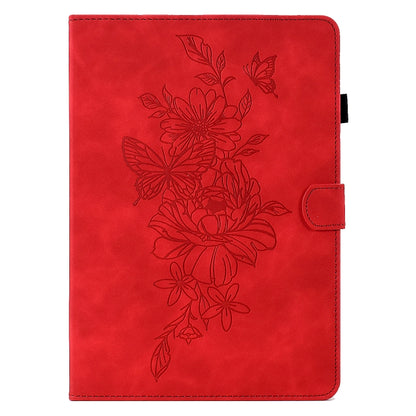 For Samsung Galaxy Tab A 10.1 2016 T580 Peony Butterfly Embossed Leather Smart Tablet Case(Red) by bashfashion