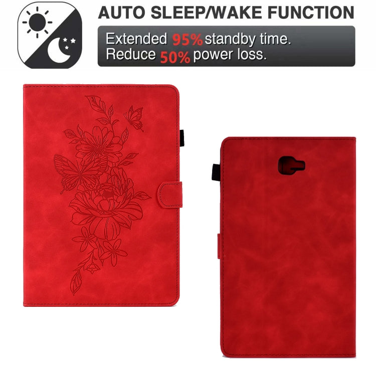 For Samsung Galaxy Tab A 10.1 2016 T580 Peony Butterfly Embossed Leather Smart Tablet Case(Red) by bashfashion