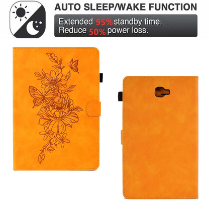 For Samsung Galaxy Tab A 10.1 2016 T580 Peony Butterfly Embossed Leather Smart Tablet Case(Khaki) by bashfashion